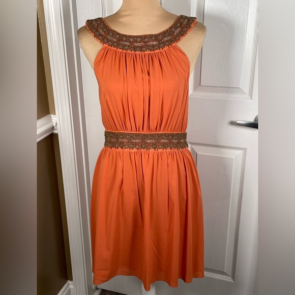 Alice + Olivia Mini Dress Orange Silk High Neck Beaded embroidered A-line Dress - Picture 4 of 8